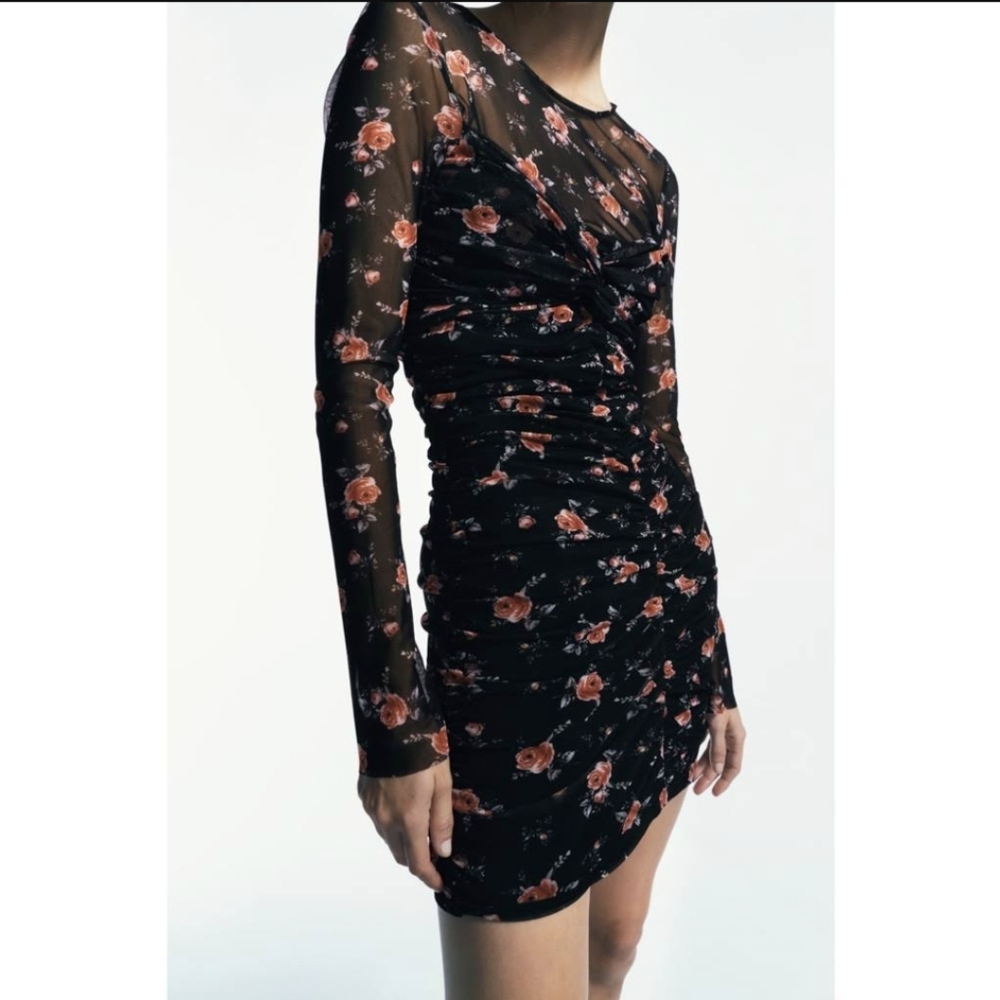 Zara Ruched Tulle Rose Pattern Dress with Mesh Long Sleeves - Picture 12 of 14